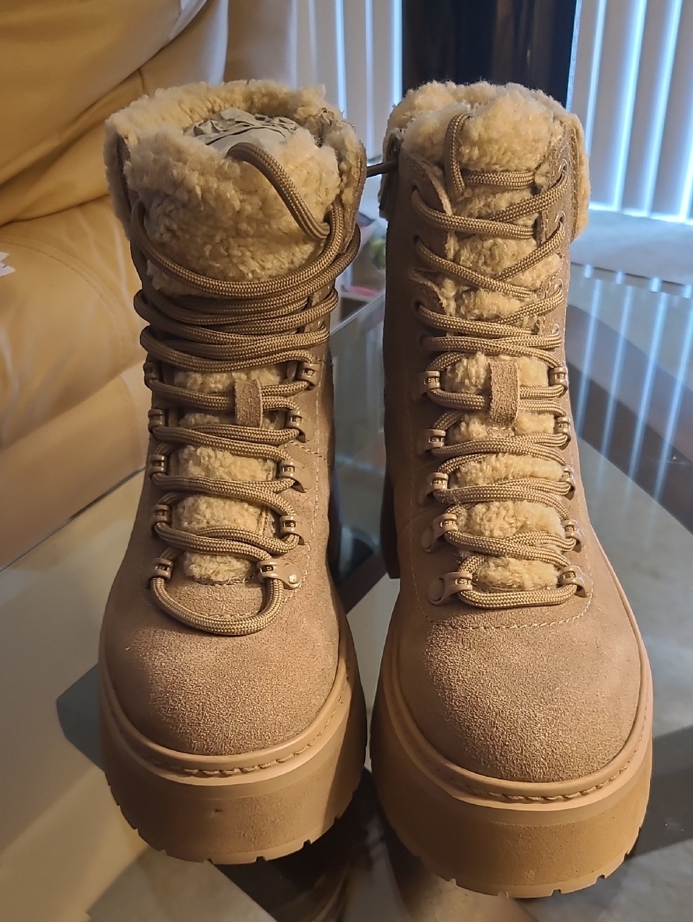 Aqua Tan Faux-Shearling Lace-Up Platform Boots